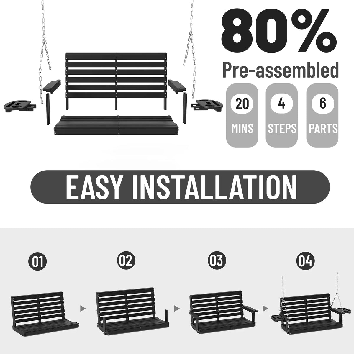 FOOWIN Outdoor Porch Swing, HDPE Patio Hanging Porch Swing with Cup Holder, Black