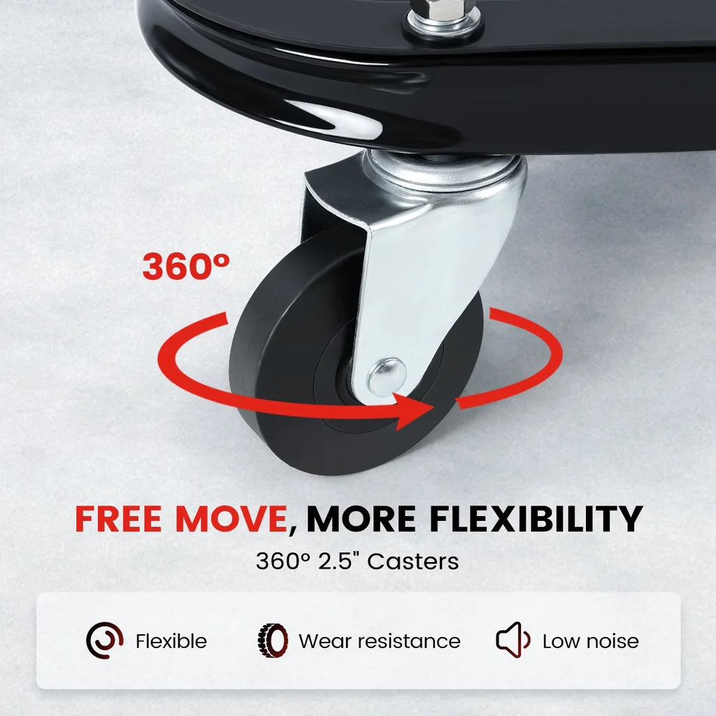 KROAK 14.2 Rolling Creeper Garage/Shop Seat with 3 Segmented Tool Tray, 260 Lbs Capacity, 360 2.5 Casters, Comfortable Car Repair Mechanic Stool, Black