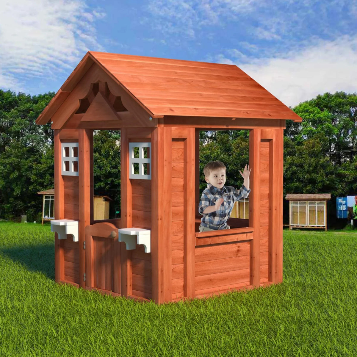 Outdoor Playhouse for Kids, All Weather Wooden Outside Playhouse with 2 Windows, Flowers Pot Holder, Half-door, Kids Cottage Playhouse, Gift for Girls Boys, Golden Red