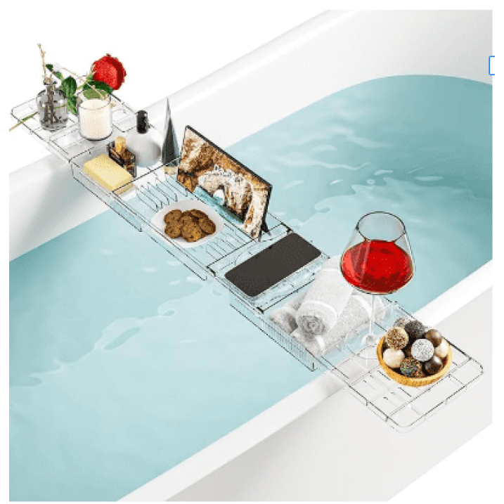 Bathtub Caddy Tray, Adjustable Bath Tray for Tub, Clear Tub Caddy Tray with Tablet PC Holder  Wine Glass Holder, Tub Caddy for Bathroom Luxury Spa, Fits Most Tubs (Clear ABS)