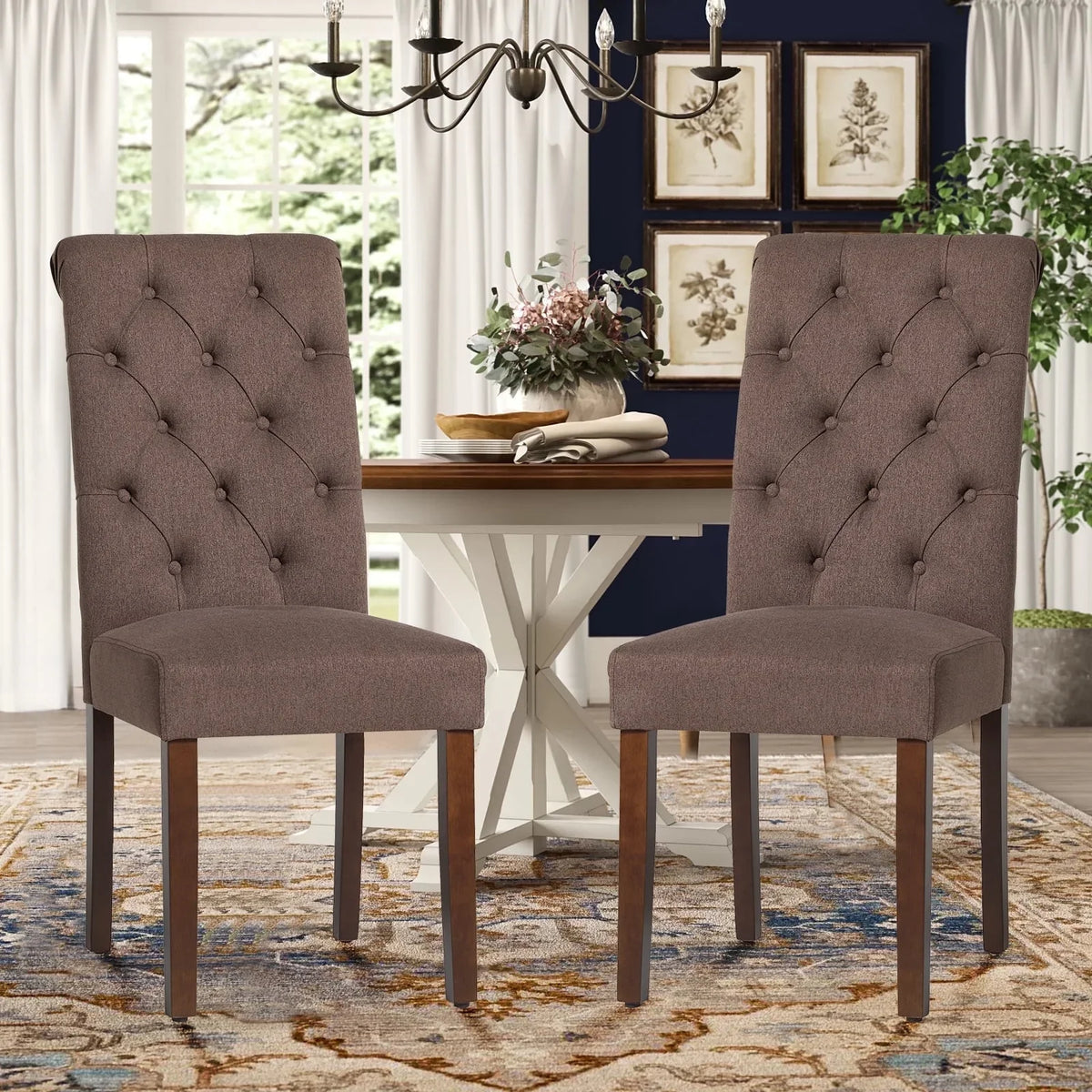 COLAMY Tufted Fabric High Back Dining Chair, Rolled Back Kitchen Chair, Set of 2, Brown