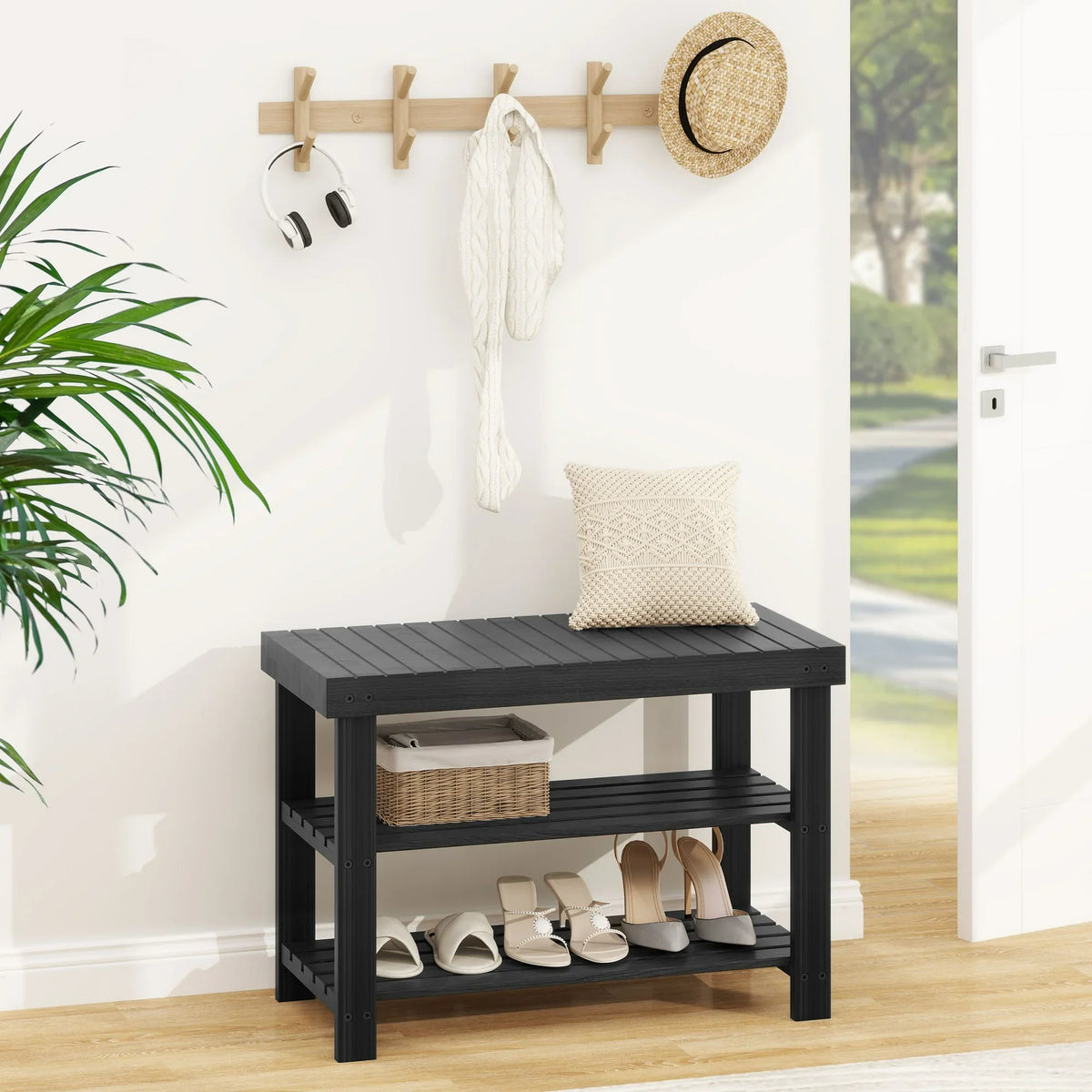 EDX 3-Tier Bamboo Shoe Rack Bench, 11.3 x 27.6 x 17.8 Inches Compact Storage Organizer with 286lb Capacity for Entryway, Bedroom and Living Room, Black
