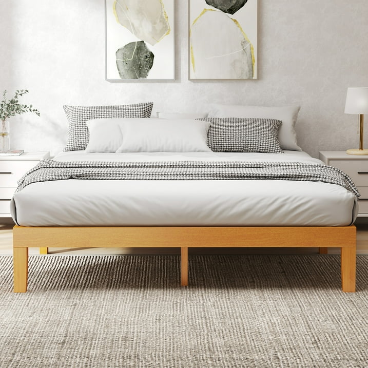EDX Full Size Wood Bed Frame, No Spring Needed, 12in Wooden Platform Bed Frame Mattress Foundation with Support Slats, Natural Pine