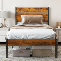 EDX Twin Size Metal Bed Frame with Industrial Wooden Headboard, Ample Storage, Noise-Free Design, Sturdy Steel Slat Support, Rustic Brown