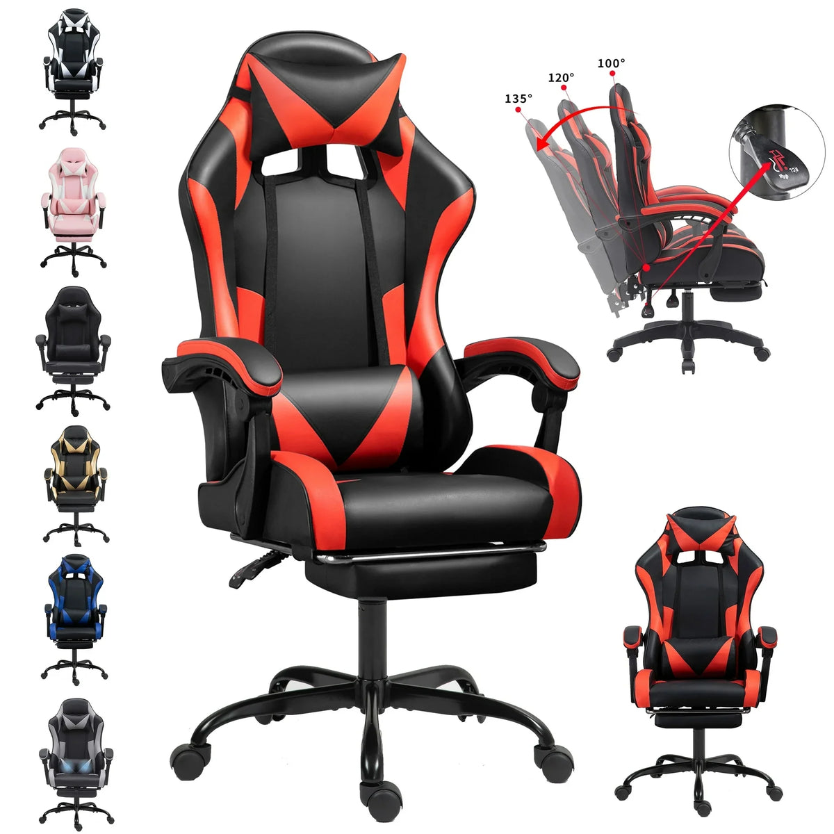 VIOLHEDO Gaming Chair with Lumbar Pillow Footrest PU Computer Racing Chair Red