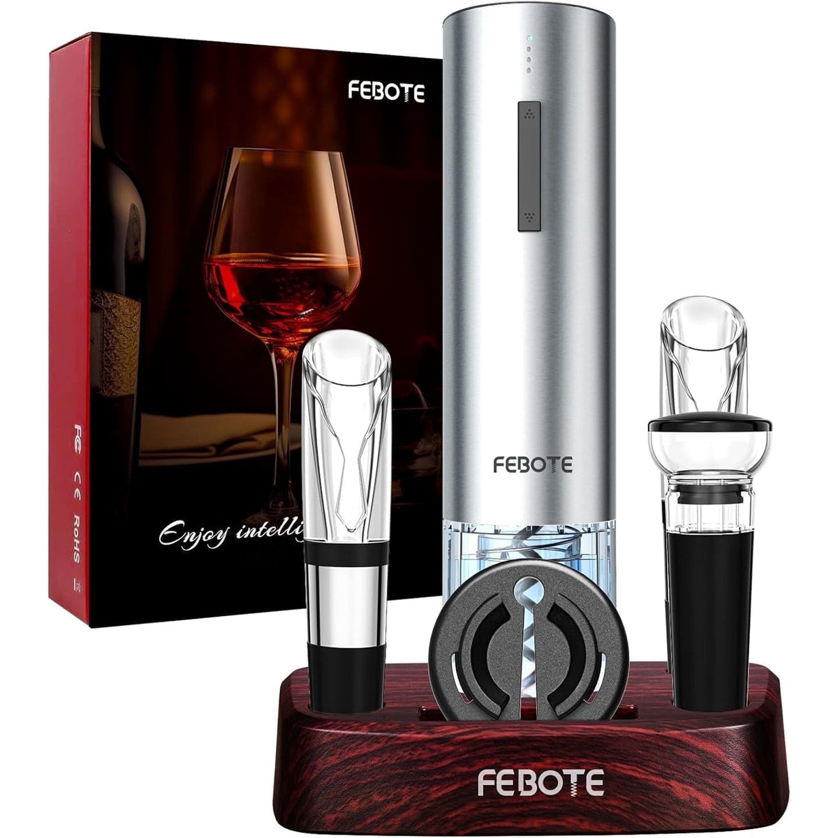 FEBOTE Electric Wine Opener Set with Wood Stand, Rechargeable Automatic Corkscrew w/2 Vacuum Wine Stoppers, Wine Aerator & Foil Cutter, Unique Gift