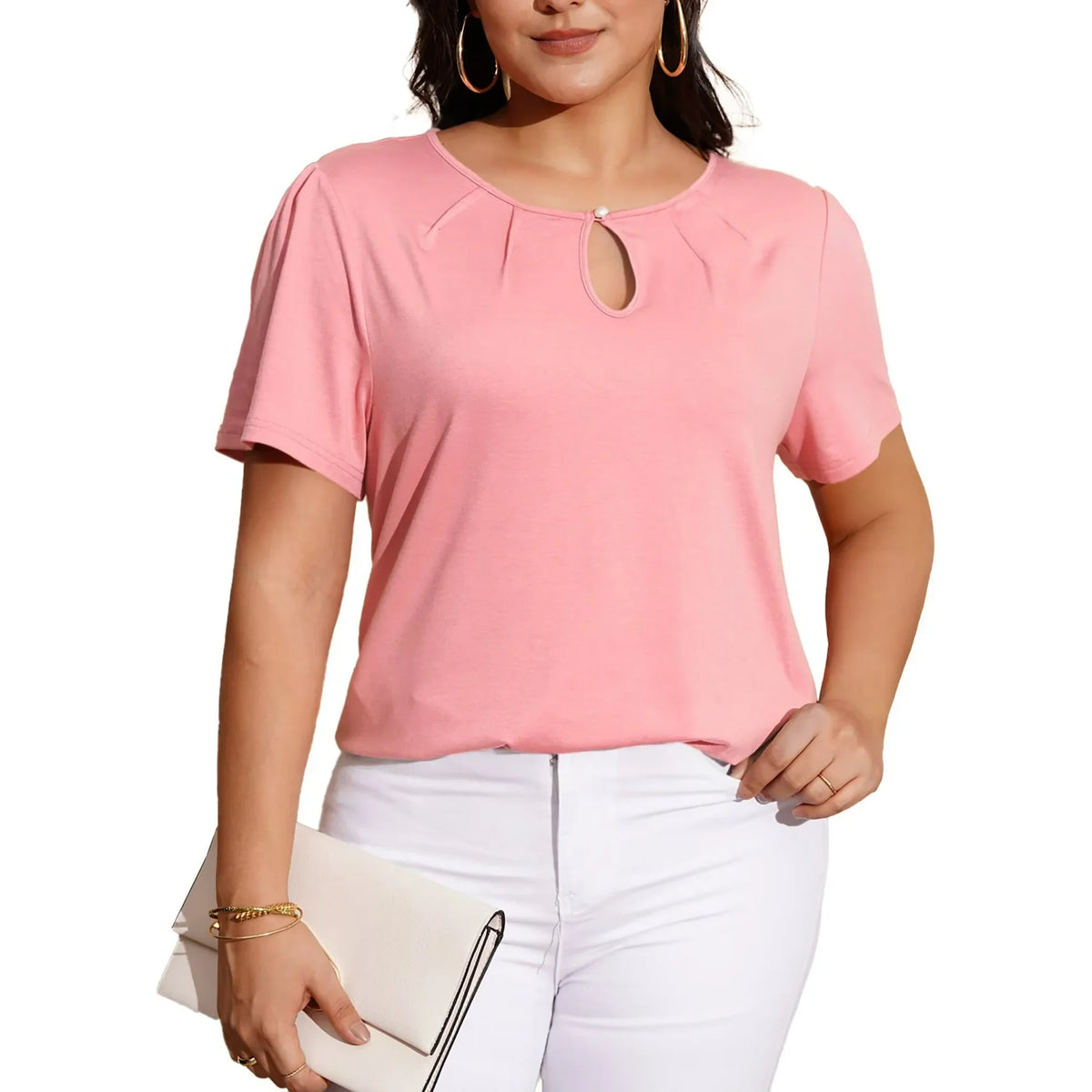 FOLUNSI Women's Plus Size Tops Casual Keyhole Round Neck Pleated Puff Sleeve Blouse m-4x