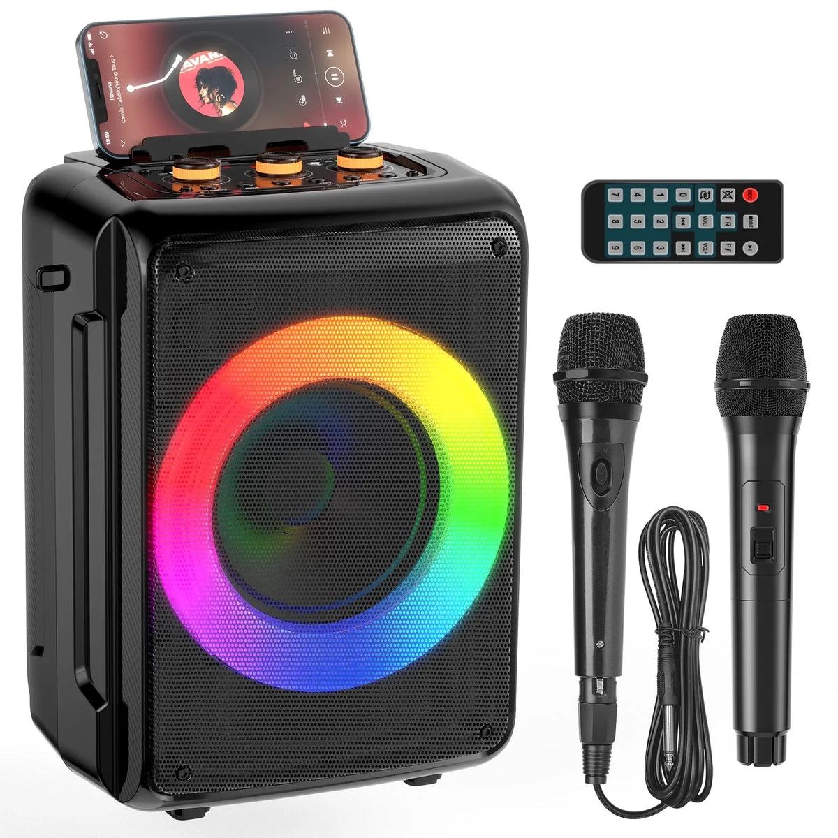 FanFun Portable Speaker, HD Stereo Sound Bluetooth Speaker with 2 Microphones, Party Speaker with DJ Lights