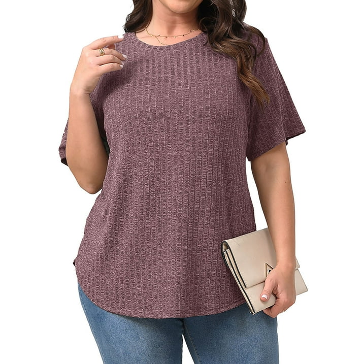 Fantaslook Womens Plus Size Tops Crewneck Short Sleeve Shirts Casual Loose Tunic Tops Curved Hem Summer Blouses