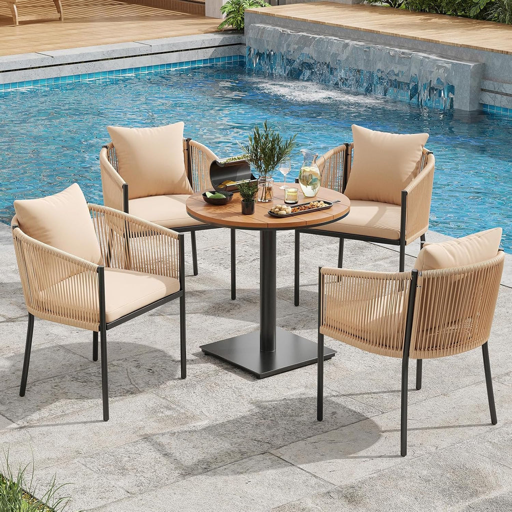 Farini 5 Pieces Outdoor Dining Set, Patio Table and Chairs Set with 4 Rattan Wicker Patio Chair Cushions and 1 Outdoor Table Plastic Wooden Top for Lawn, Deck Backyard, Poolside