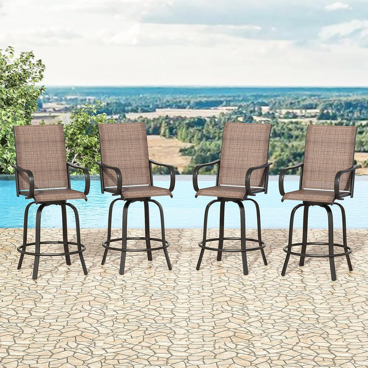 Farini Outdoor Bar Stools Set of 4, 360°Swivel Patio Barstools with Textile Fabric,Ergonomic Comfort Bar Height Tall Outdoor Stools for Balcony,Brown