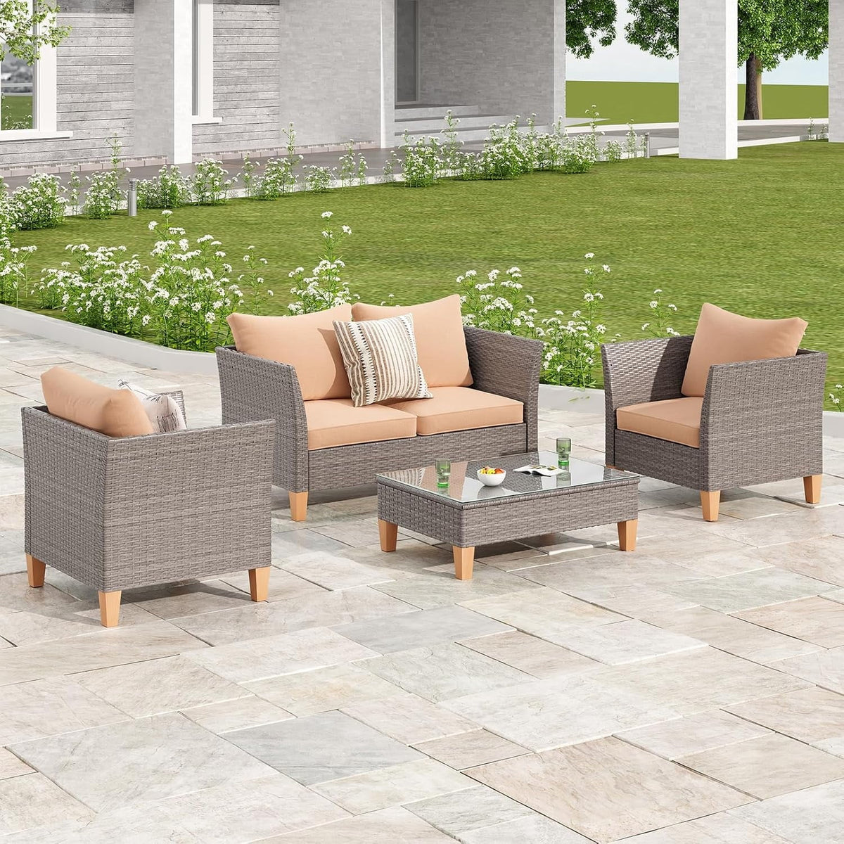 Farini Outdoor Wicker conversation sets, 4 Pieces Patio Furniture Sofa Set with Coffee Table, All Weather for Garden, Backyard, Balcony (Dark Gray)