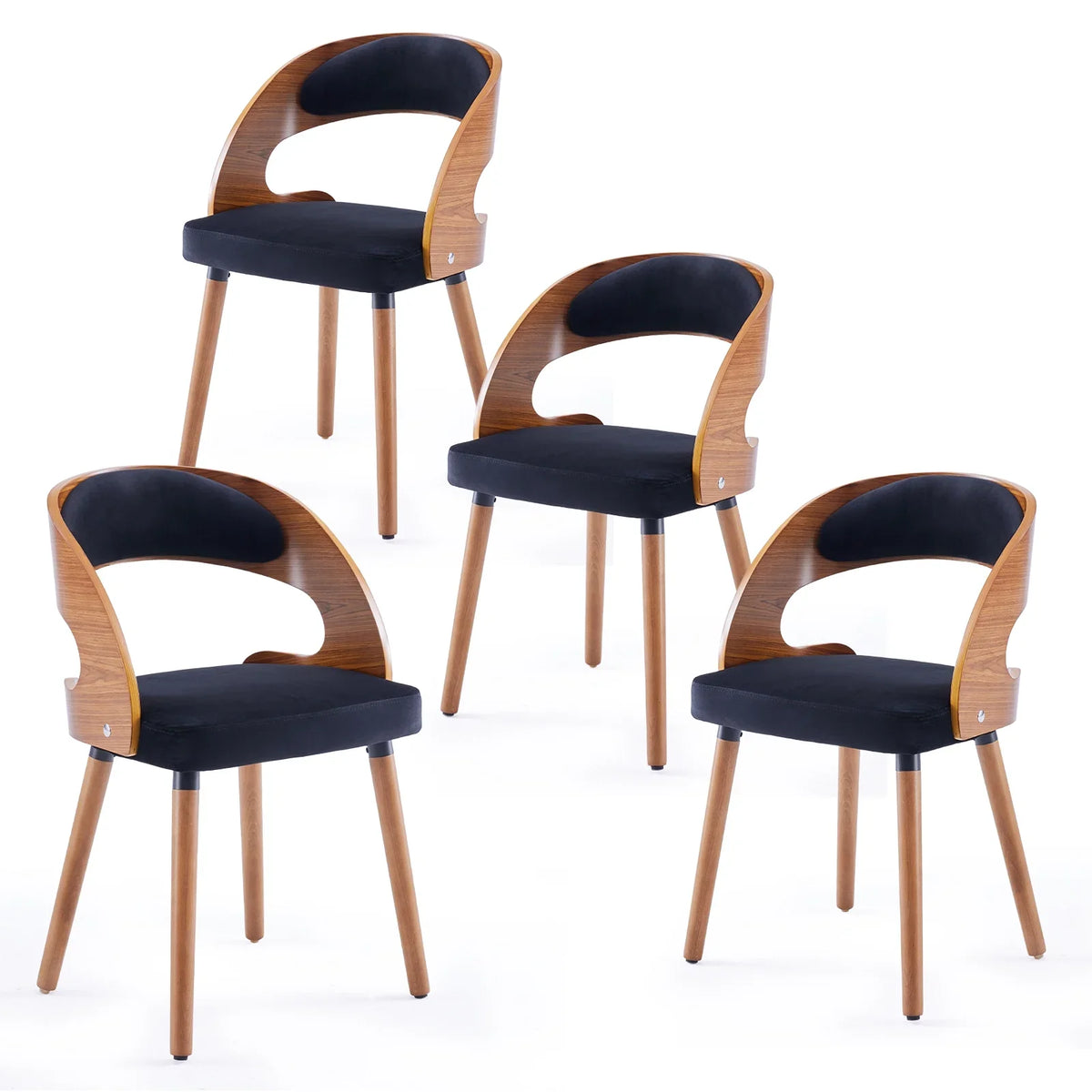 Farini Set of 4 Wood Dining Chairs with Curved Backrest for Kitchen Dining Room, Black