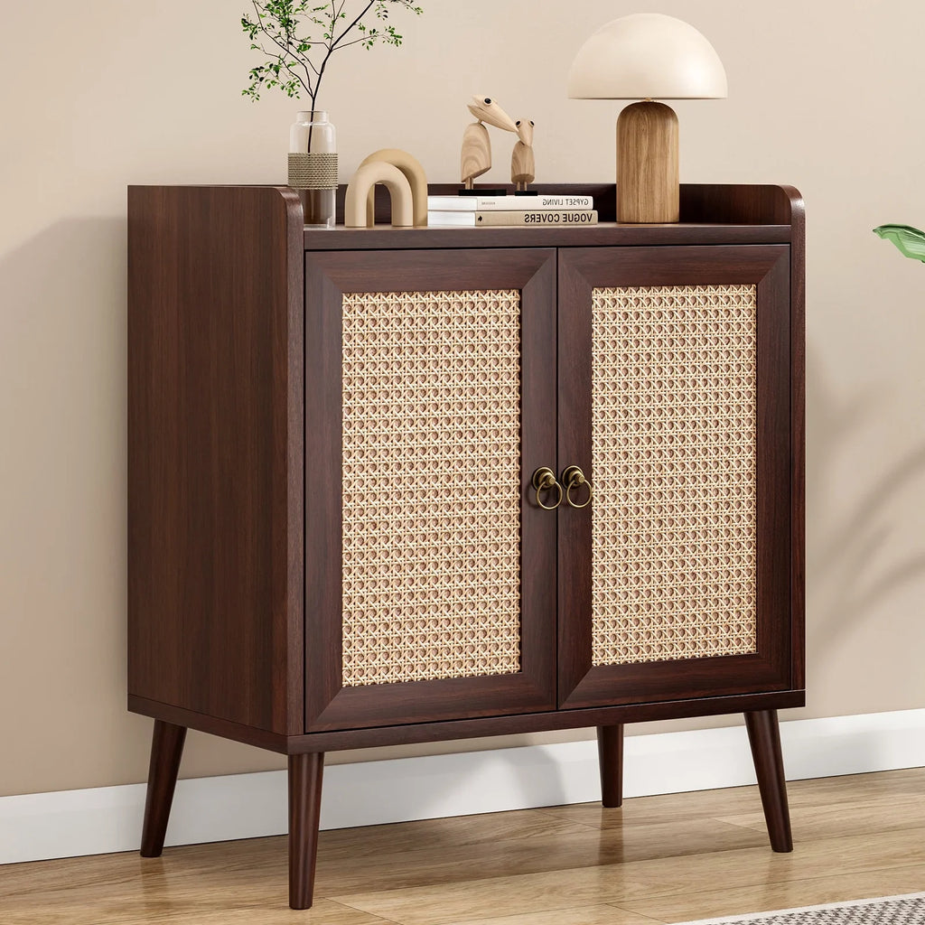 Farini Sideboard Buffet Cabinet Bar Cabinets with Rattan Decorated Doors(Walnut)