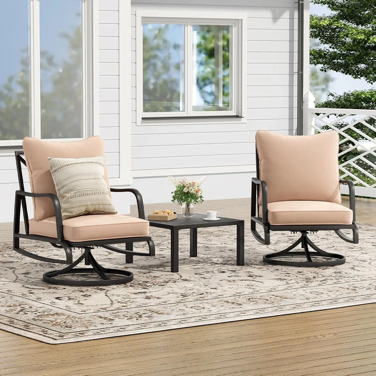 Farini Small Patio Furniture Set, 3 Piece Outdoor Bistro Set, 2 x Swivel Patio Chairs and 1 x Small Side Table, Outdoor Table and Chairs Set with 4" Thick Cushions for Backyard, Porch, Poolside