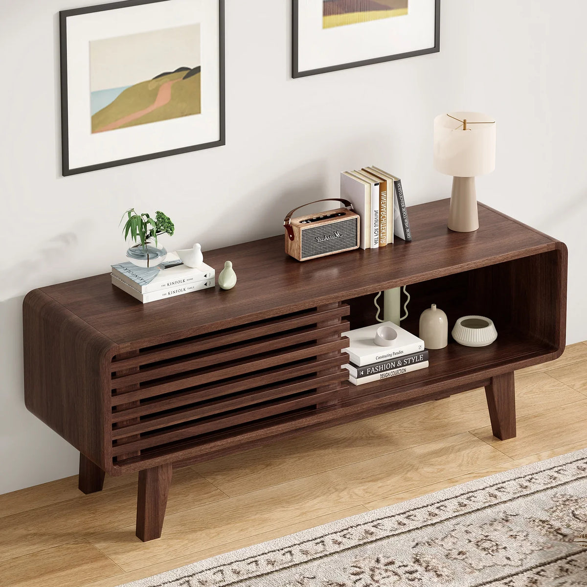 Farini TV Stand for TV up to 59", Entertainment Center with Storage and Sliding Door, Walnut