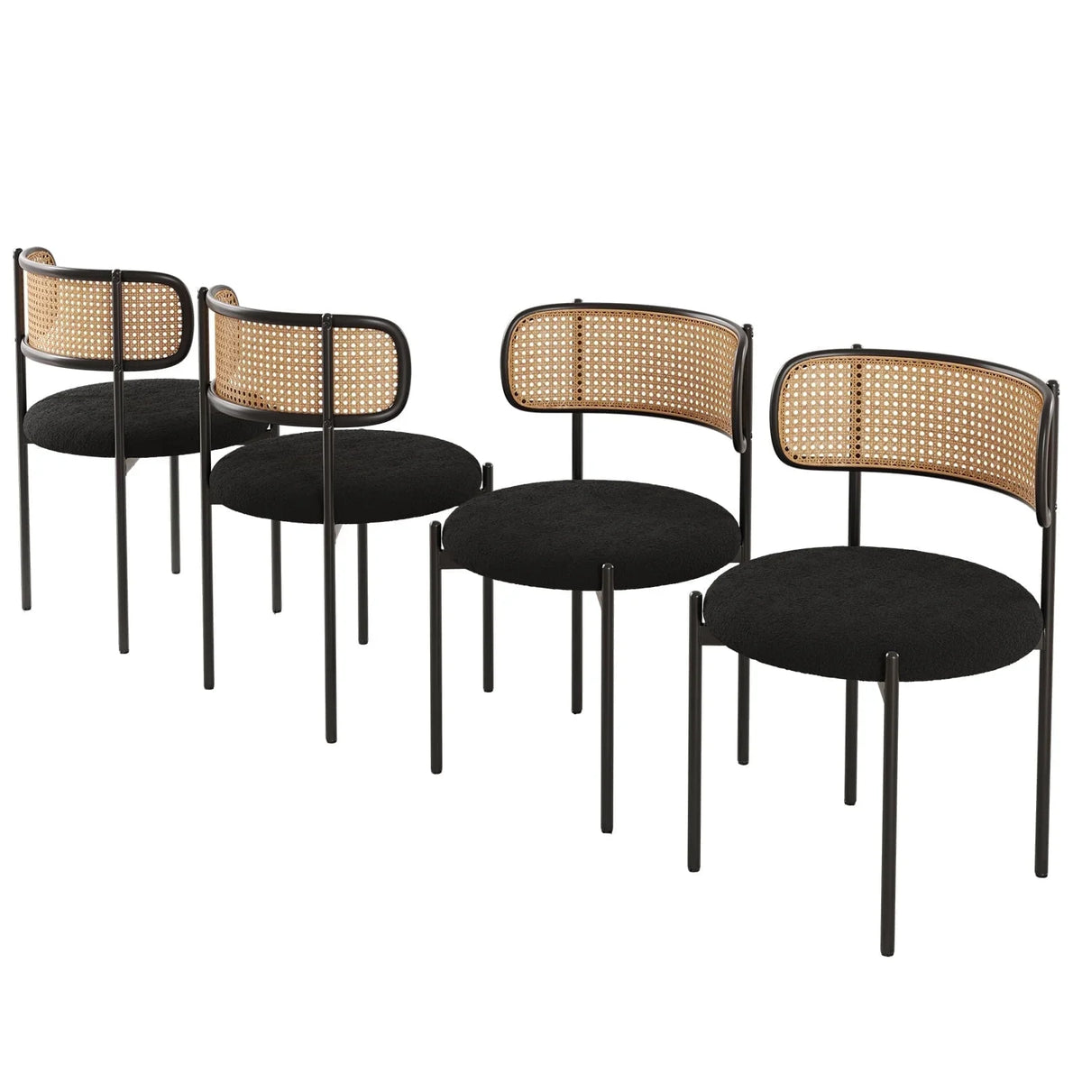 Farini Upholstered Dining Chair Set of 4, Rattan Backrest Kitchen Chair, Black