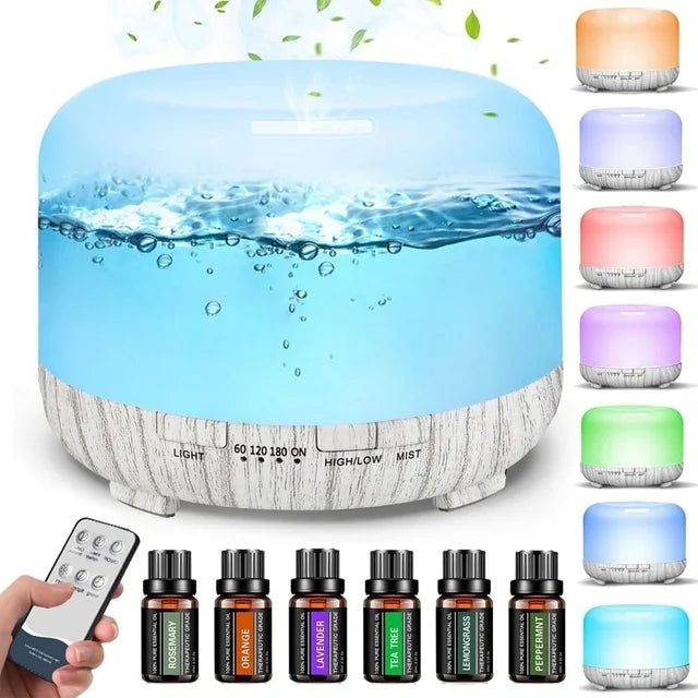 Fimilo 500ml Essential Oil Diffuser with 6*10ml Essential Oils Set, Upgraded White Wood Color Base Flower Aromatherapy Diffusers with Remote Control, Aroma Diffuser for Home Office