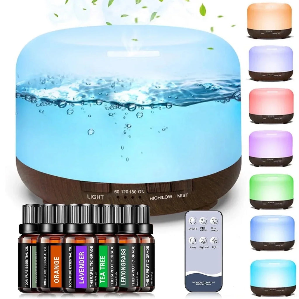 Fimilo Diffusers for Essential Oils,500ml Electric Diffusers with 6x10mL Oils,Cool Mist Humidifier with 7 LED Colors,Waterless Auto Shut-Off,Remote Control Suit for Home,Office