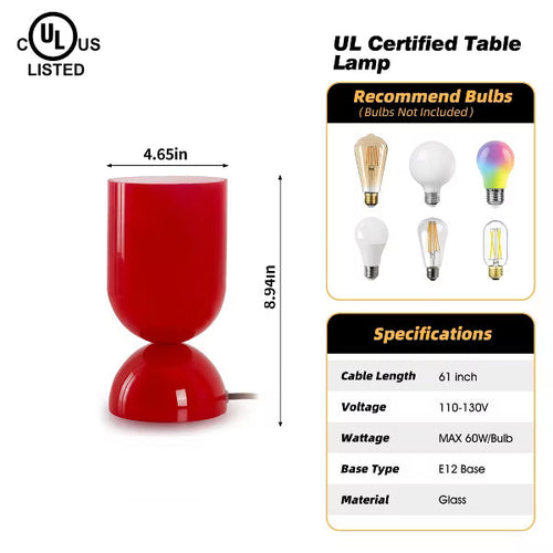 8.9" Modern Cylindrical Glossy Red Glass Table Lamp with Dome Base for Bedside, Living Room, Study, Lounge, Bar Counter, or Coffee Table