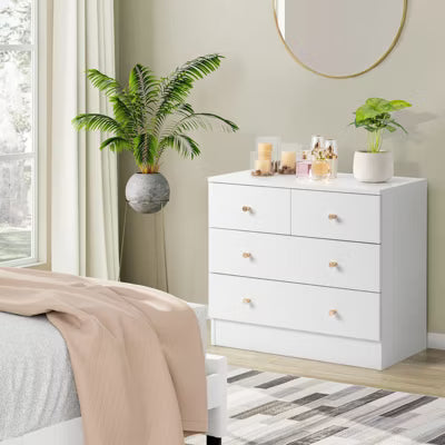 Resenkos 5 Drawer Dresser with Gold Handle, Nursery Dresser Chest Of Drawers Organizer, White