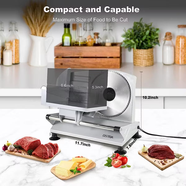 OSTBA Electric Meat Slicer, 150W, 6.7” Removable Stainless Steel Blades, Adjustable 0-15mm Thickness, Easy to Clean, for Meat, Cheese, Bread