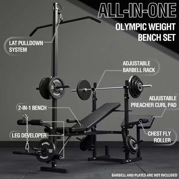 8 in 1 Olympic Weight Bench Set with Leg Extension and Leg Curl, Bench Press Set with Preacher Curl Pad and Chest Fly