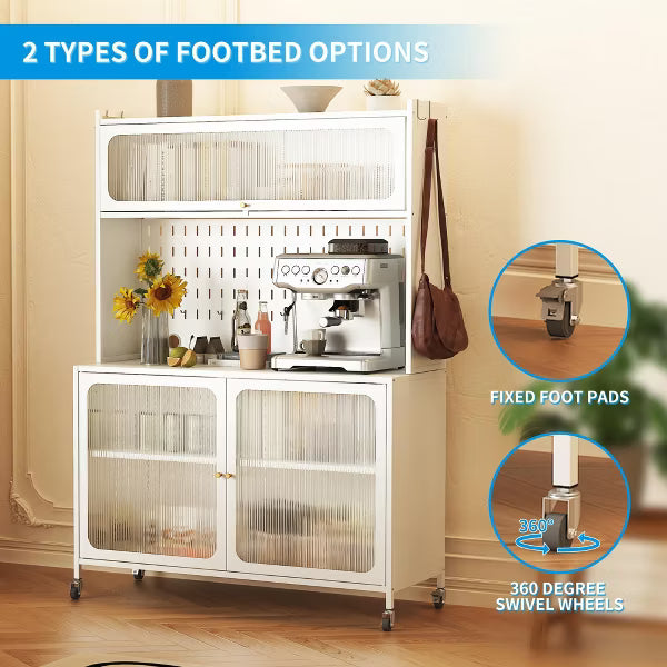 Munora - White Metal Bakers Rack with Flip Door Cabinet & Pegboard - Microwave Stand with Storage for Kitchen/Pantry