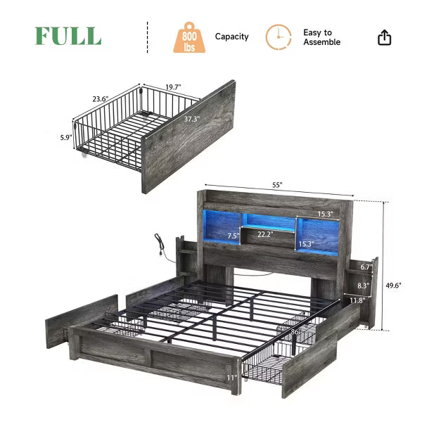 AMERLIFE Bed Frame with Drawers, LED, Bookcase Headboard, Charging, Shelves