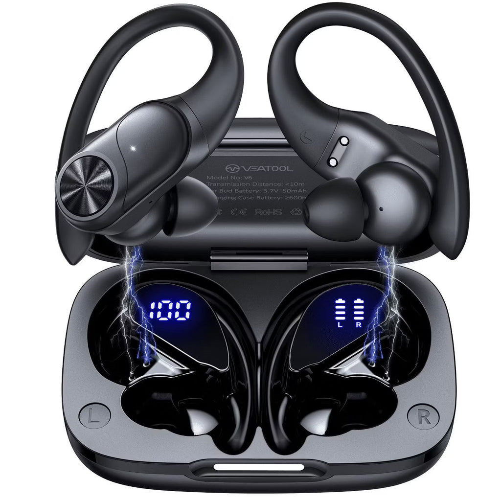 VEATOOL V6 Bluetooth Headphones Wireless Earbuds 88Hrs Playback Sport Ear Buds with Earhook Digital Display Charging Case