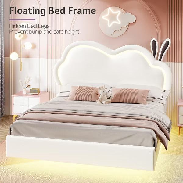 AMERLIFE LED Bed Frame for Girl Floating Upholstered Bed with Cute Cloud Headboard
