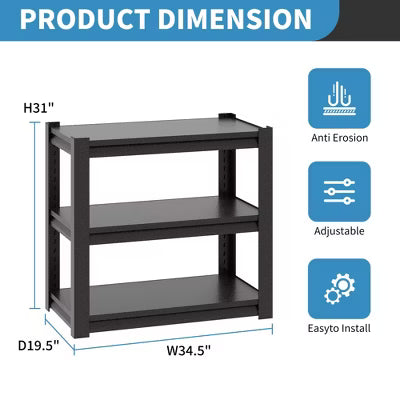Yukimo 31.5"H 3-Tier Heavy Duty Metal Storage Shelves - 1200LBS Capacity, Adjustable Utility Rack for Garage, Kitchen, Bedroom, Powder Coated Black