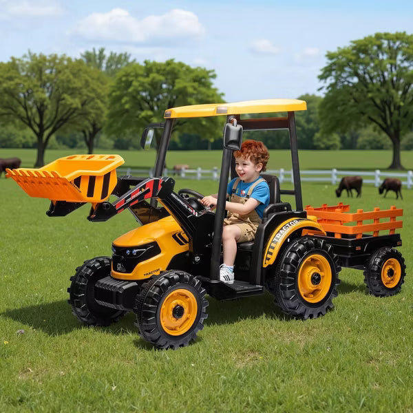 AMERLIFE 24V Kids Ride-On Tractor with Trailer & Front Loader, 3-in-1 Electric Construction Vehicle with Dual Motors, LED Lights & Terrain Wheels