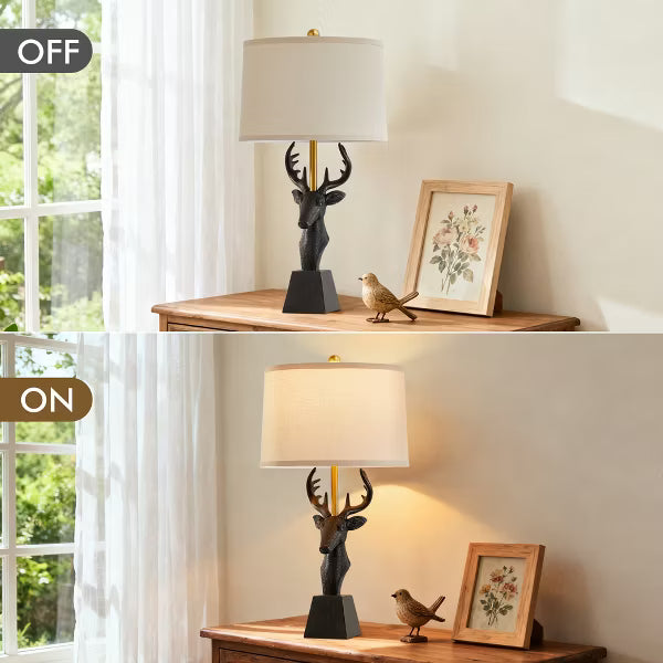 GTCLIGHTING 29" Modern Table Lamp, Deer Head Design Black Resin Bedside Lamp for Bedroom Living Room, Rotary Switch