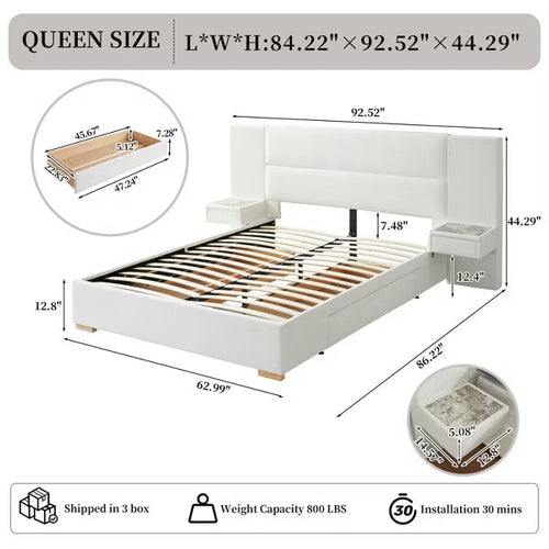 Queen Size Upholstered Platform Bed with Storage Drawers Built-in Nightstands,Sprung Wooden Slats,Noise-Free,No Box Spring Needed,Easy Assembly,White