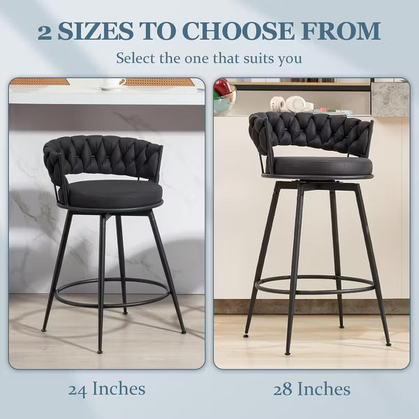 DYHOME Swivel Bar Stools Set of 2, 24" Counter Height Kitchen Stools with Back, Suede & Woven Backrest, 360 Roating Metal Frame Barstools