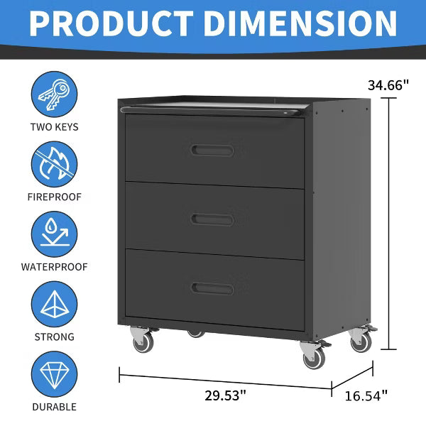 Munora - 3-Drawer Rolling Tool Cabinet with Workbench Top - 16.54"D x 29.53"W x 34.66"H - Black