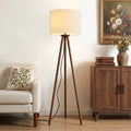 60.5" Natural Wood Tripod Floor Lamp, Nordic Style with White Linen Shade for Bedroom, Living Room, Study, Reading Room & Office