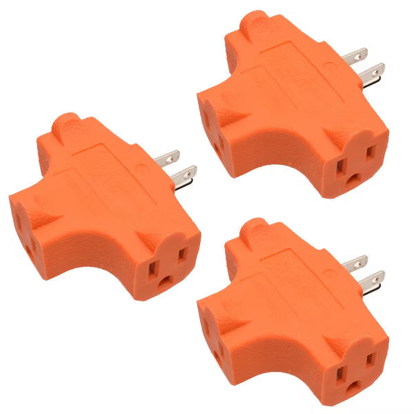 ELEGRP 3 Prong Heavy Duty Power Extender to Triple Outlet in T Direction, Multi-Directional Grounded 15A 125V Tap Adapter Plug ETL Listed, Orange 3PC