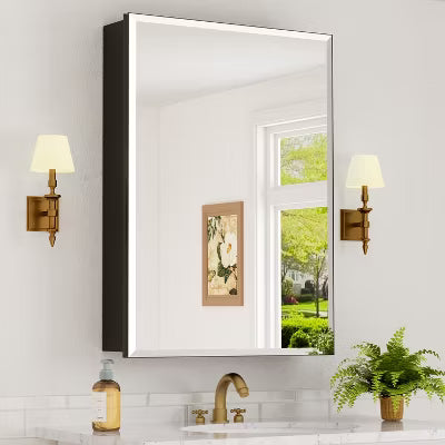 Belle Medicine Cabinet with Mirror, Recessed/Wall Mount Cabinet for Bathroom, Beveled Surface Mirror, Adjustable Tempered Glass Shelves, Black