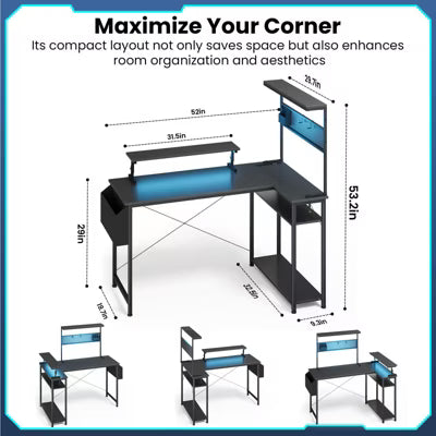 42 Inch Gaming Desk, L-Shaped Computer Desk with LED Lights, Monitor Stand, Power Outlets and Storage Drawer