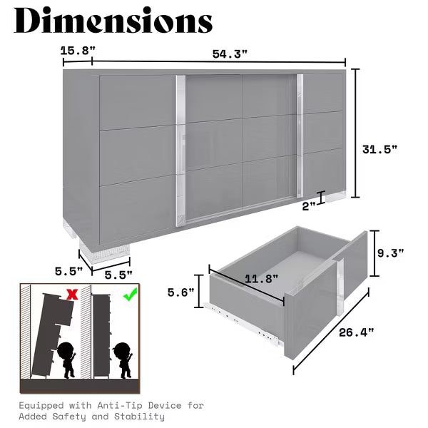 AMERLIFE 54" W High Gloss 6 Drawers Dressers with Silver Grooved Handles