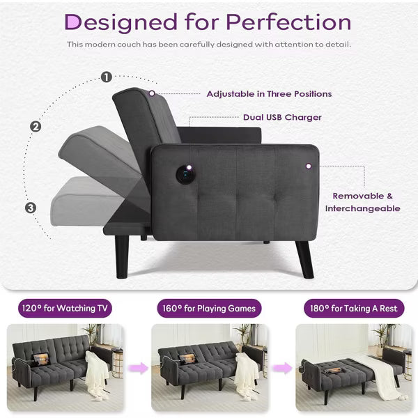 TYBOATLE 65 inch Convertible Velvet Futon Sofa Bed, Modern Upholstered Couch with USB, Folding Loveseat for Small Space, Apartment, Office