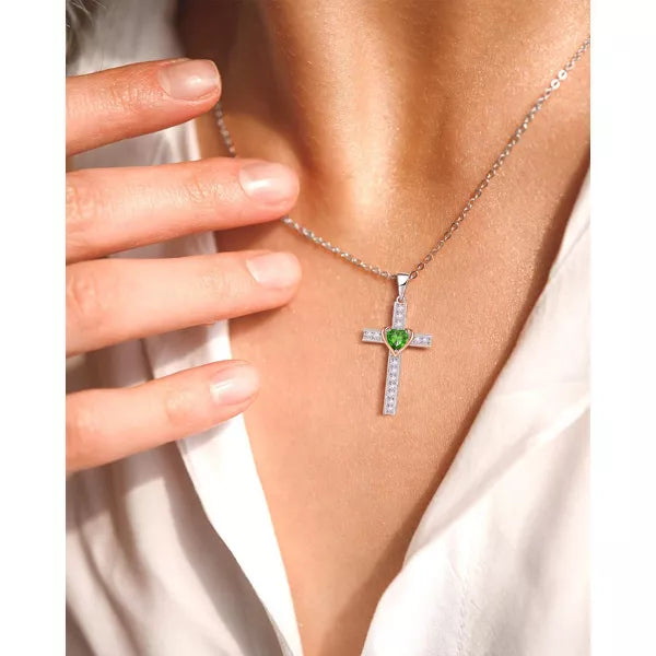 Molenia Birthstone Cross Necklace for Women, 925 Sterling Silver Heart Cross Pendant Necklace Fine Cross Jewelry Birthday Gifts for Her 18"+4" Inches