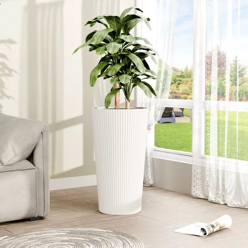 BENCMATE Tall Planters Large Round 2PCS Indoor Planter Pot, Simple Design Outdoor Garden Plastic Plant Flower Pot Cone Striped, White 13"*13"*23.6"