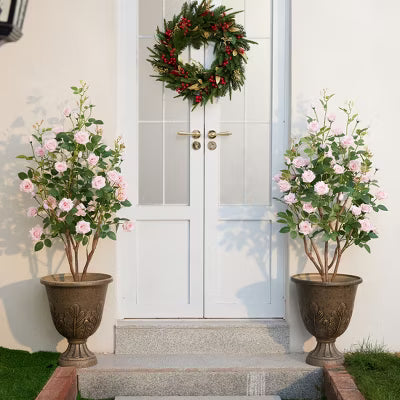 4ft Artificial Rose Tree - Realistic Pink Flower Silk Fake Plants for Indoor Outdoor Decor - UV Resistant Faux Potted Tree for Spring Summer