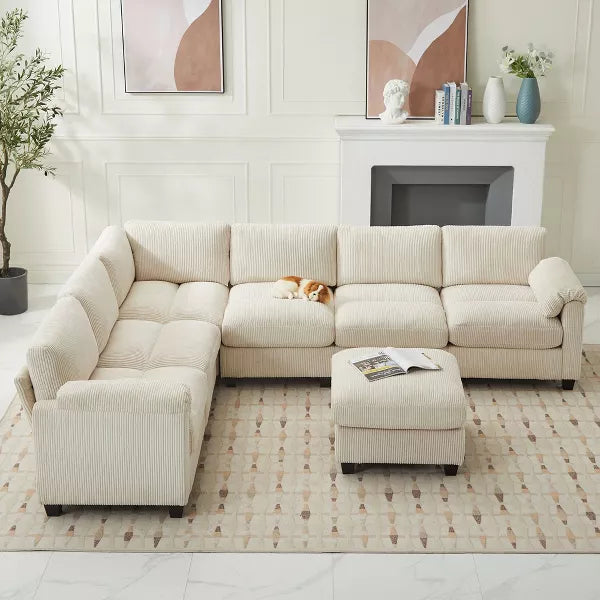Hyleory 115" Corduroy Oversized Modular Sectional Sofa, U Shaped Couch with Movable Ottoman, Large 7 Seater Corner Sofa for Living Room