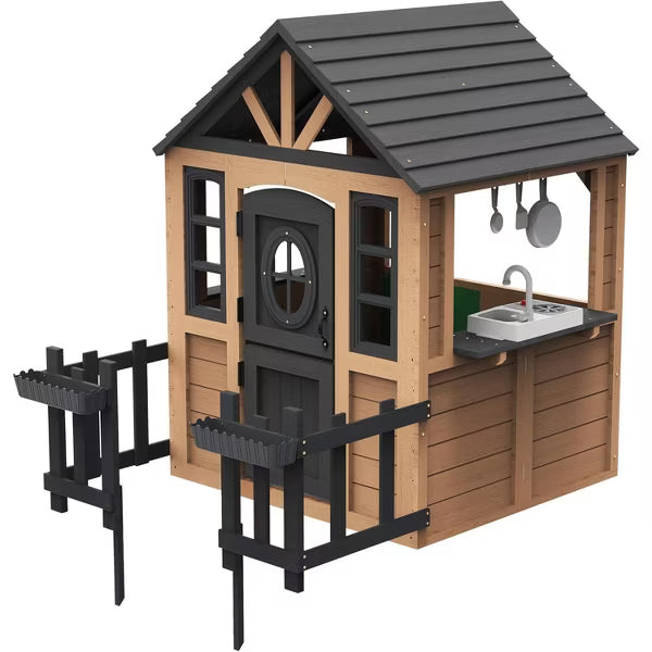 AMERLIFE Kids Outdoor Wooden Playhouse with Kitchen Set, Waterproof Roof, Rust-Resistant Hinges, Pretend Playhouse for Ages 3–8