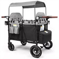 TODECARE 4-Seat Foldable Wagon Stroller with Harnesses, Adjustable Double Push Handle, Canopy, Snack Tray & Storage Bag, Black & Gray
