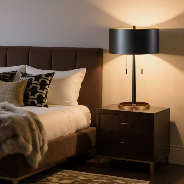 GTCLIGHTING Modern Table Lamps for Living Room,24" Black Metal Nightstand Lamp with Dual Pull Chain Switch for Bedroom Office